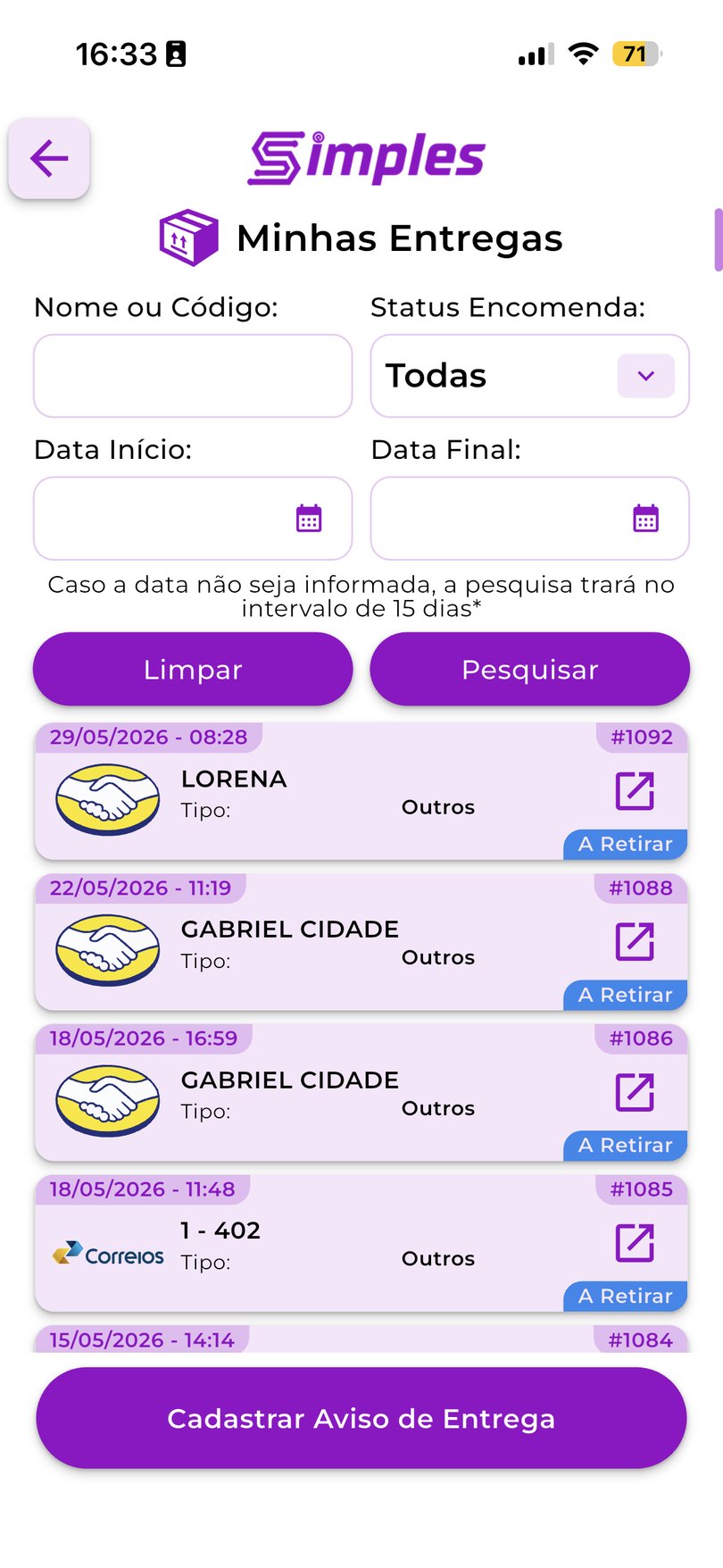 Gestão de entregas no App Simples